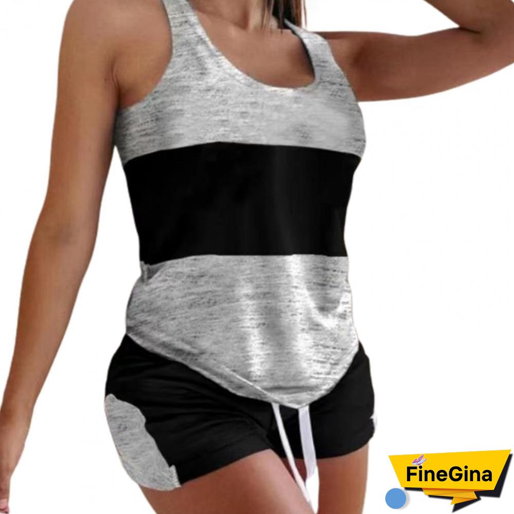 2Pcsset Casual Outfit Sleeveless Top Set Round Neck Comfortable Summer Slim Splicing Design Drawstring Camisole Set For Home