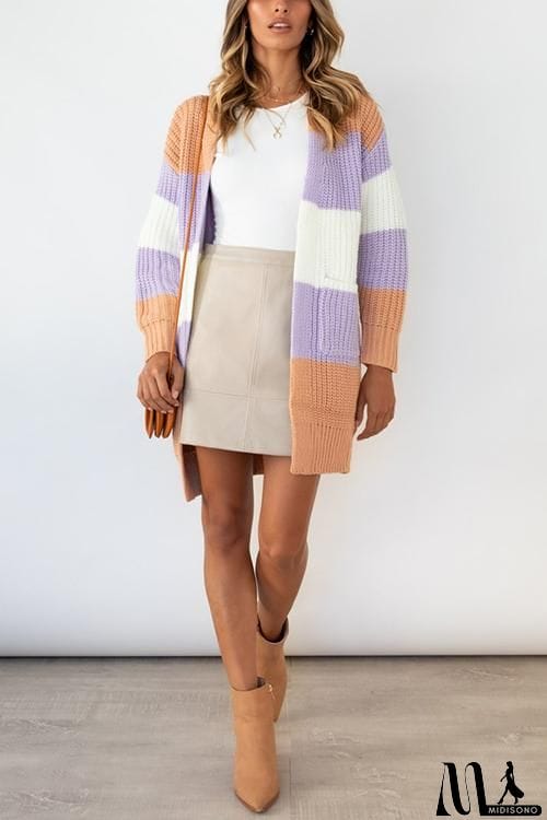 MidiSono - Color Block Pocket Open Cardigan
