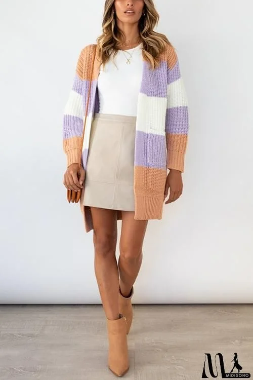 MidiSono - Color Block Pocket Open Cardigan