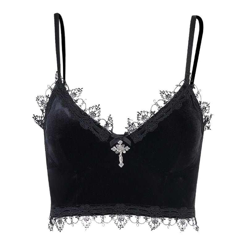 InsGoth Mall Goth Cross Black Camis Vintage Aesthetic Lace Patchwork Velvet Camisole Grunge Spaghetti Straps V Neck Cropped Tops