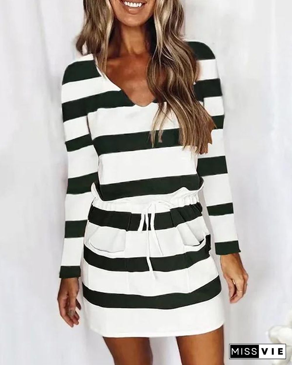 V Neck Drawstring Striped Dress