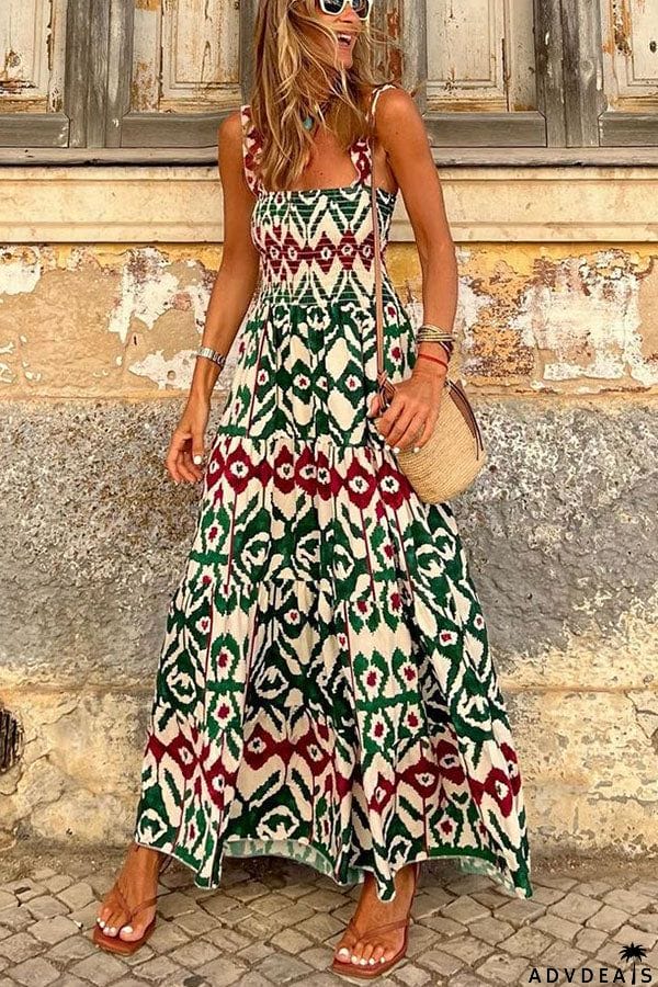 Timeless Beauty Printed Smocked Vacation Maxi Dress
