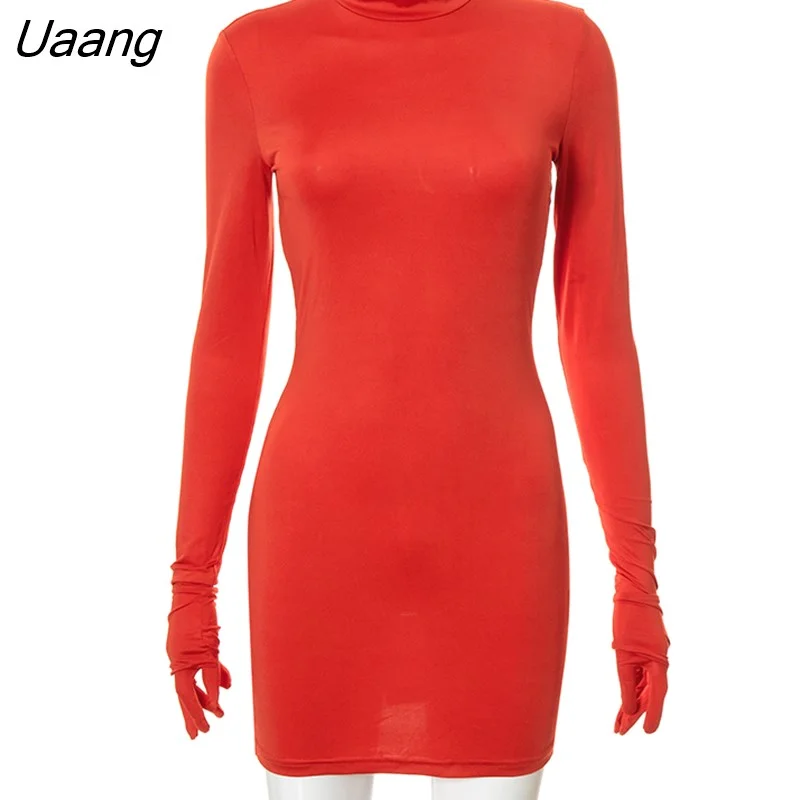 Uaang Women's 2022 Autumn Red Mini Dresses Turtleneck Long Sleeve Gloves Sexy Hip Wrap Dress Fall Christmas New Year Partywear