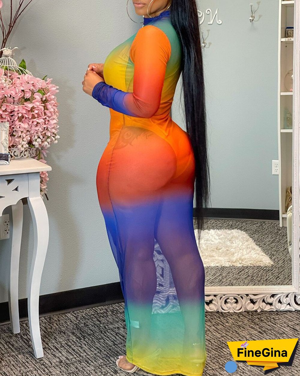 Tie Dye Print Sheer Mesh Bodycon Maxi Dress