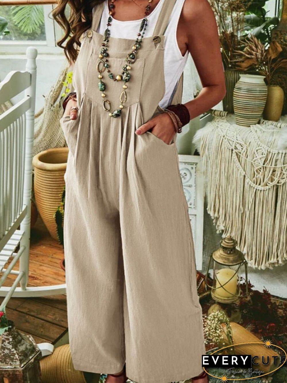 Casual Jumpsuit-Solid Color Womens Clothing Summer Solid Color Cotton Linen Pocket