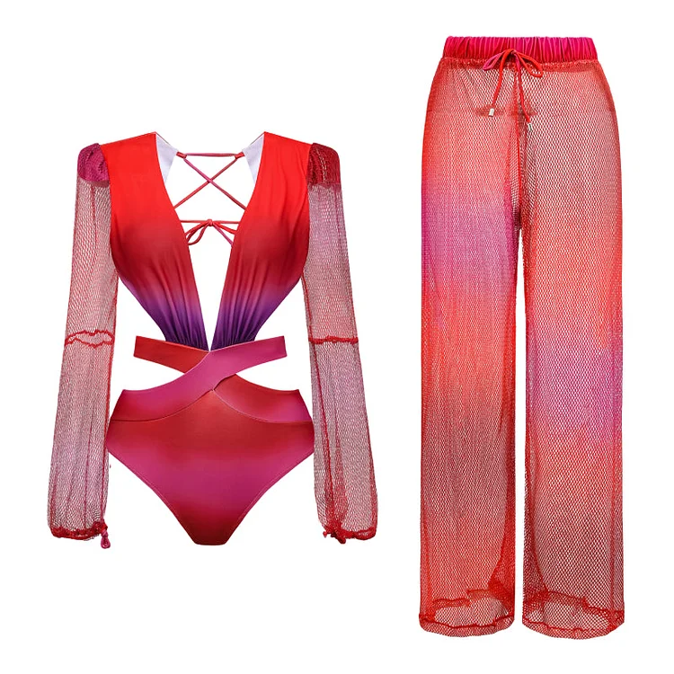 Vioye Deep V Netted Lantern Long Sleeve Ombre One Piece Swimsuit and Pants