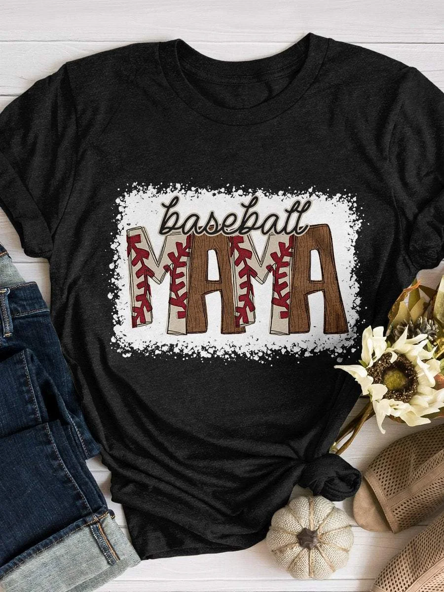 Baseball Mom Print Short Sleeve T-shirt