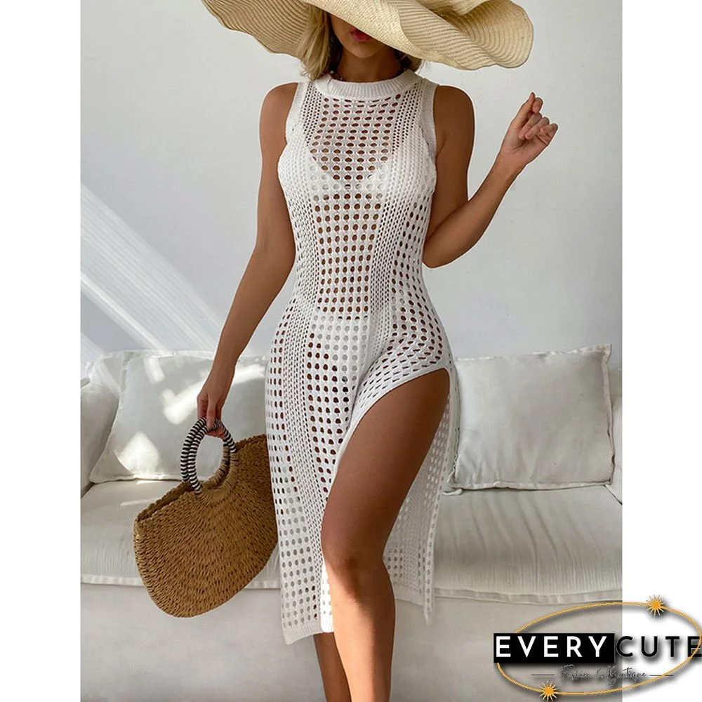 White Hollow-out Crochet Sleeveless High Split Beach Cover