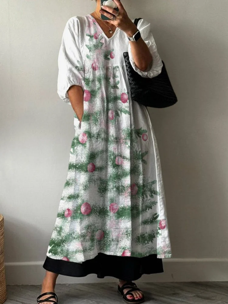 Christmas Tree Decorative Pattern Pocket V-neck Cotton Dress