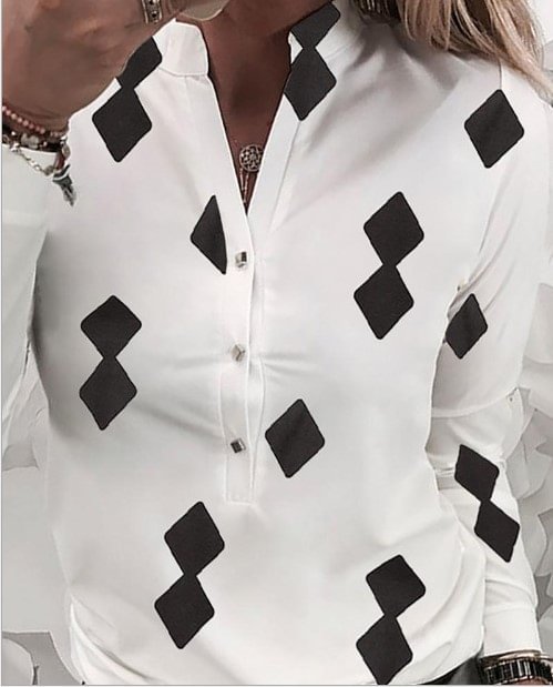 V-shaped Stand Collar Long Sleeve Women's Printed Wear Blouse