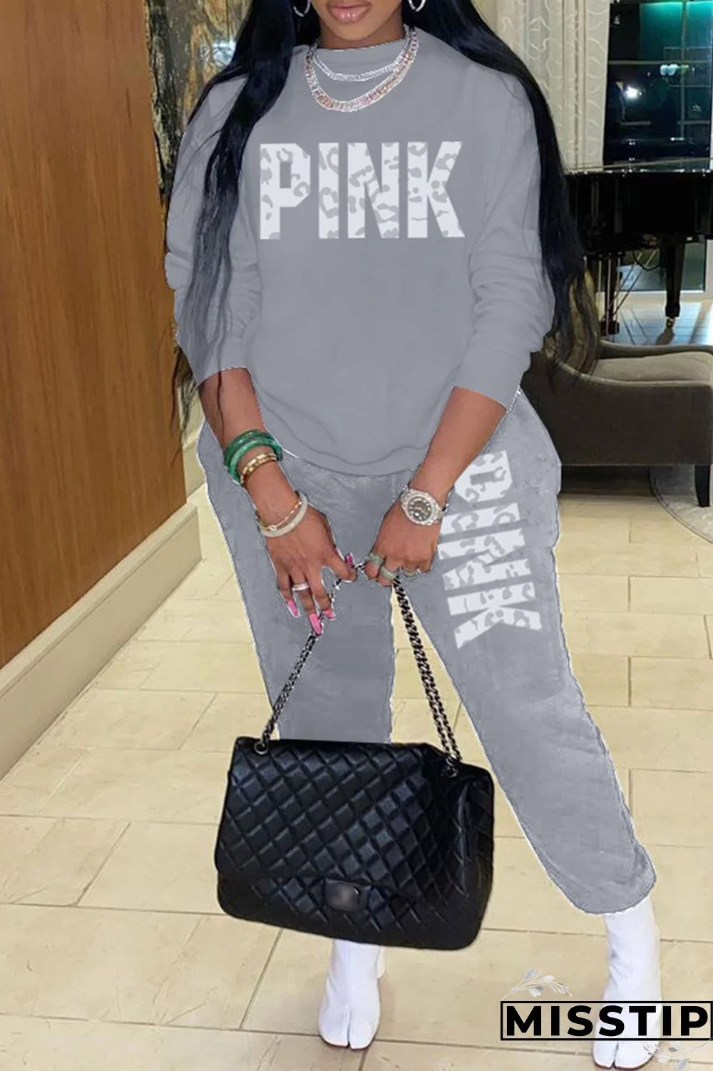 Blue Casual Letter Print Patchwork O Neck Long Sleeve Two Pieces