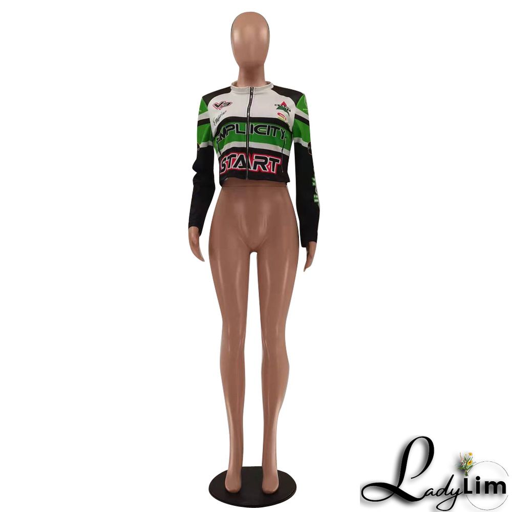 Women Round Neck Letter Print Long Sleeve Jacket