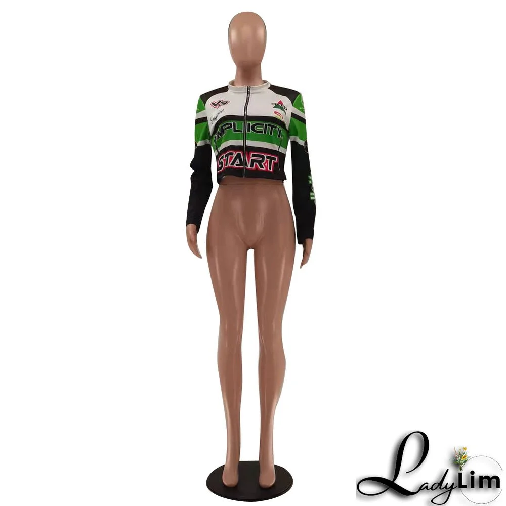 Women Round Neck Letter Print Long Sleeve Jacket