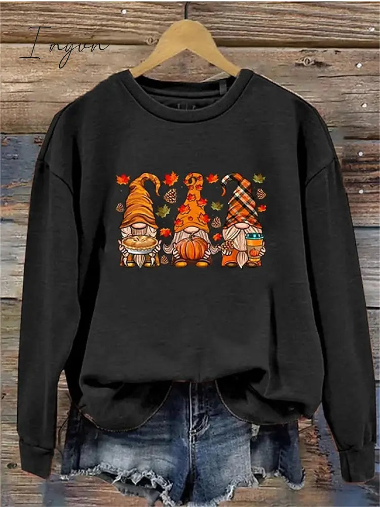 Ingvn - Women’s Pullover Christmas Sweatshirt Fashion Black White Purple Gnome Round Neck Long
