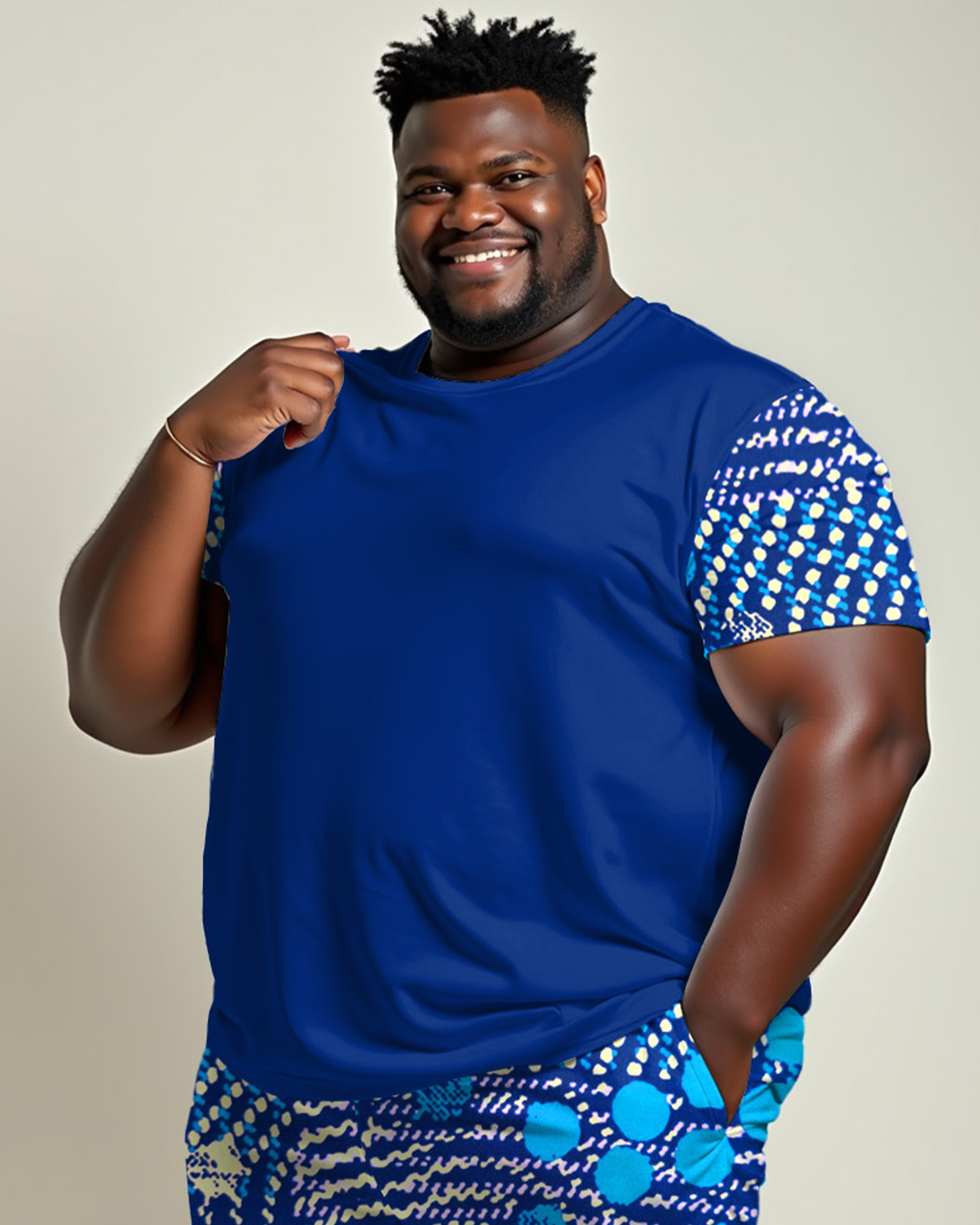 Blue Dream Sleeves Patchwork Printed T-Shirt Shorts Suit Men's Plus Size