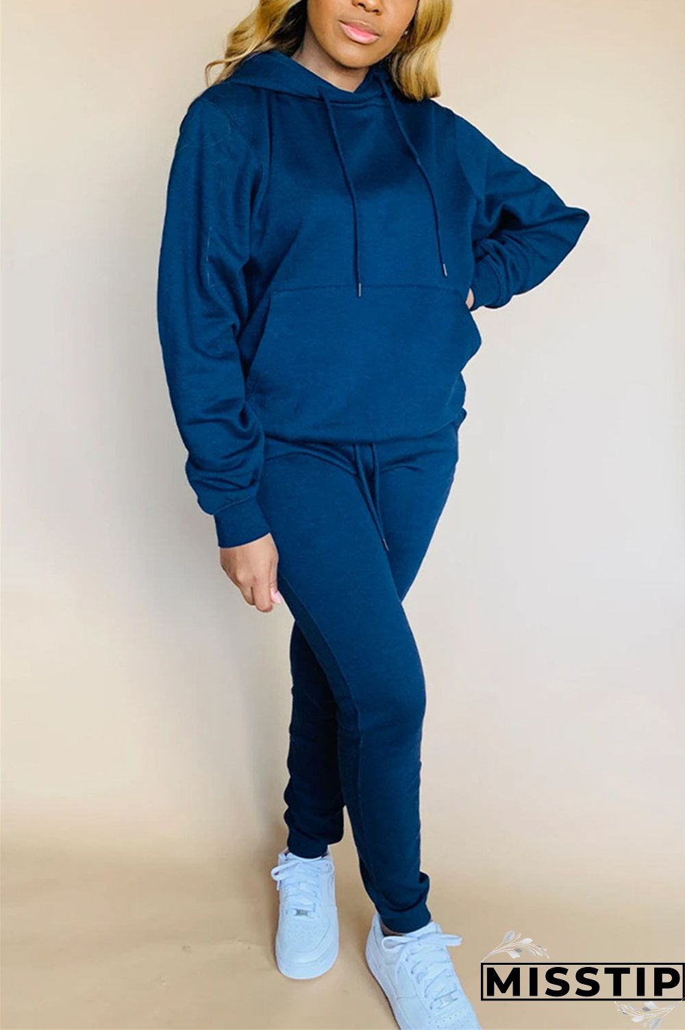 Blue Fashion Casual Long Sleeve Hooded Collar Regular Sleeve Regular Solid Two Pieces