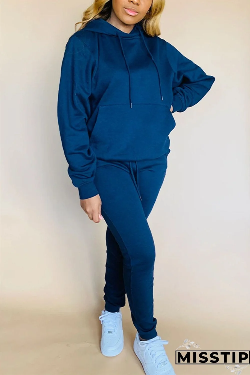 Blue Fashion Casual Long Sleeve Hooded Collar Regular Sleeve Regular Solid Two Pieces