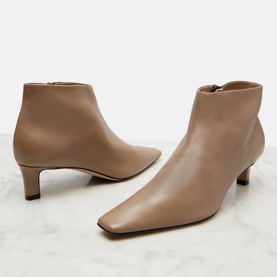 Women's Square Toe Low Kitten Heel Tan Zipper Short Booties