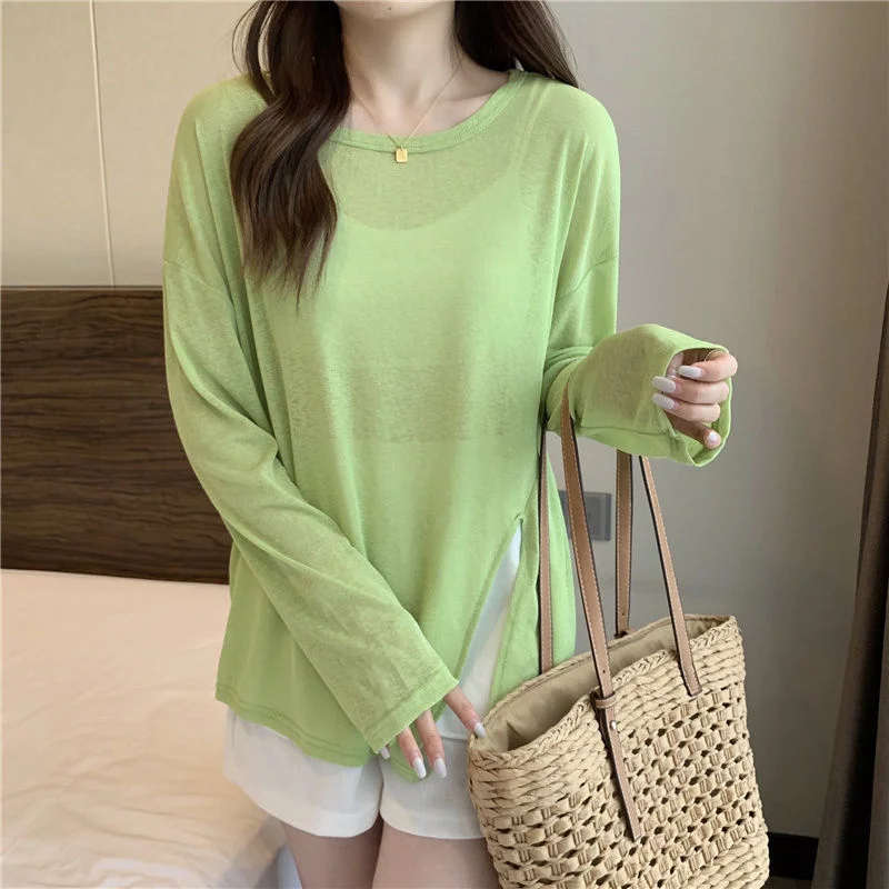 Uveng Uveng Fork Sunscreen Long-Sleeved T-Shirt For Women 2023 New Solid-Color Top Loose Air-Conditioning Hooded Summer Bottoming Shirt