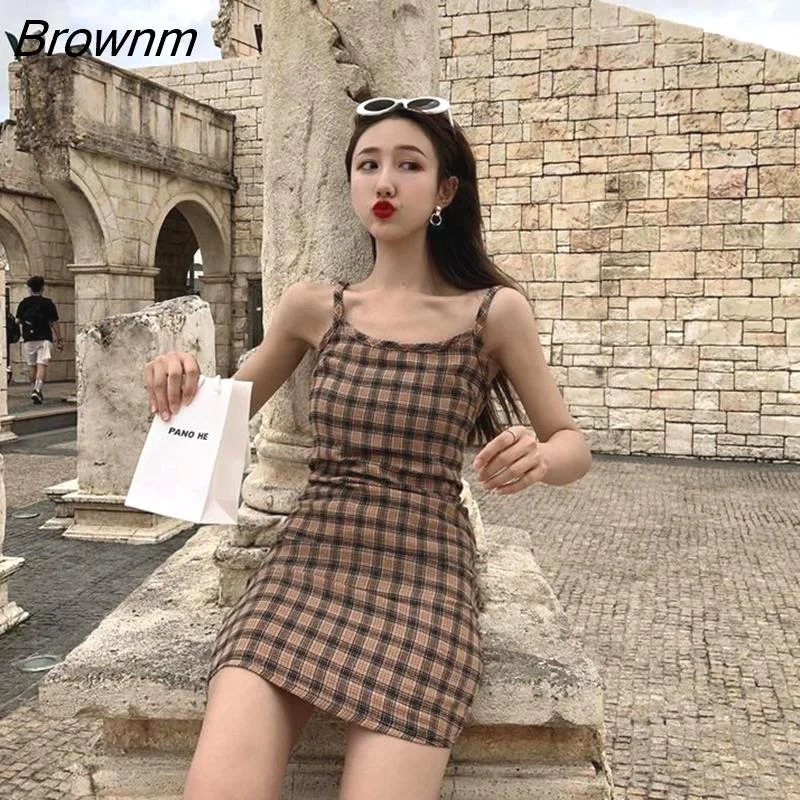 Brownm Summer Slip Mini Dress Plaid Sundress Cage Vintage Backless Halter Staple Spaghetti Strap Short Dress 2021 Casual Sexy