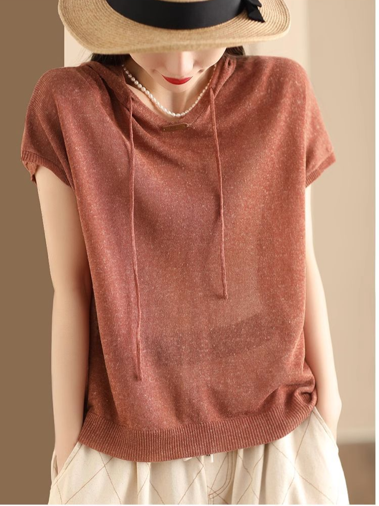 Vintage Linen Knit Short Sleeve Hooded T-Shirt