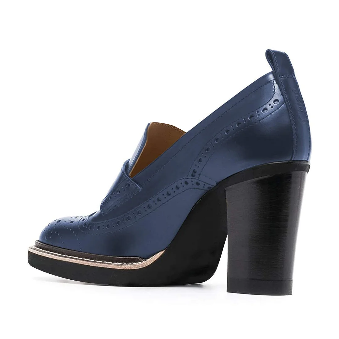 Vegan Leather Round Toe Cut-Out Platform Block Heel Loafers in Blue