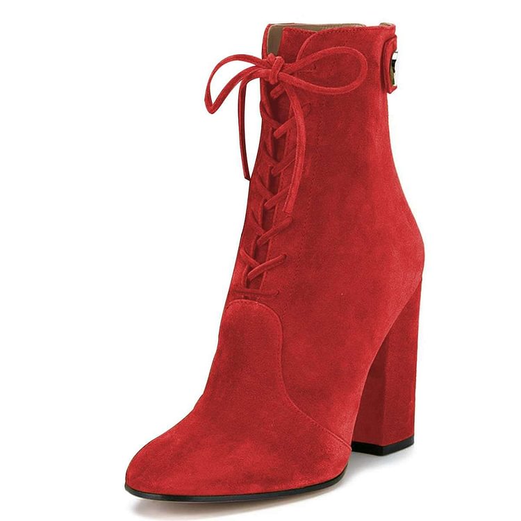 Red Suede Lace up Boots Chunky Heel Ankle Booties |FSJ Shoes