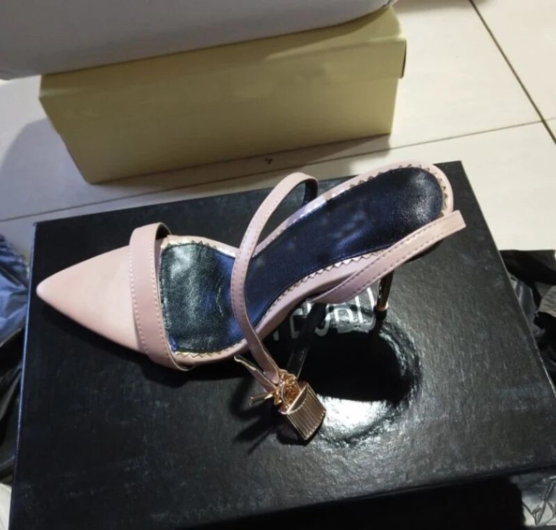 Gold Lock Sandals Woman Open Toe One Belt Ankle Strap Metal High Heels Pumps Women Silver Pink Leopard Party Shoes