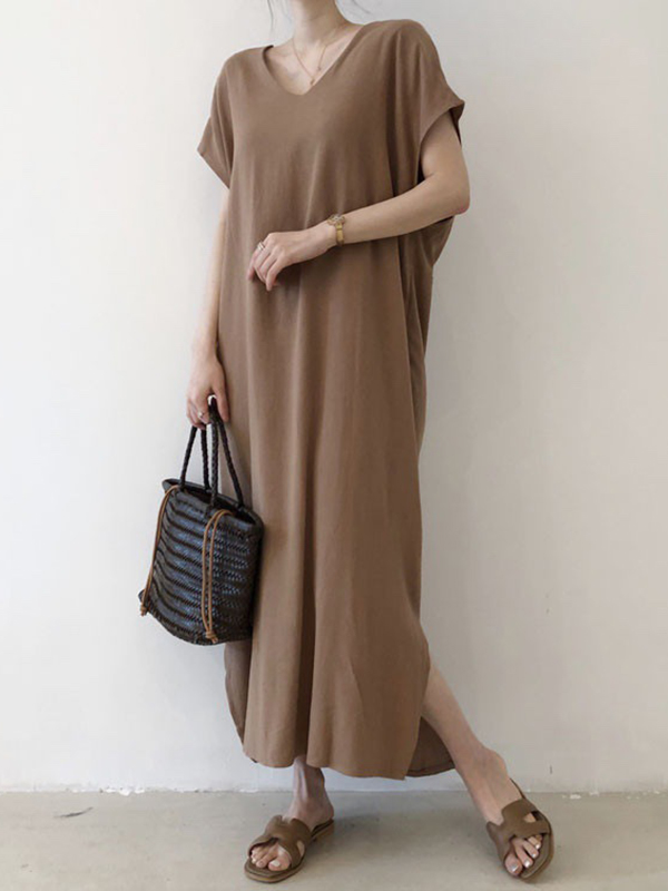 Twist Knot V Neck Short Sleeve Split Solid Color Midi Dress