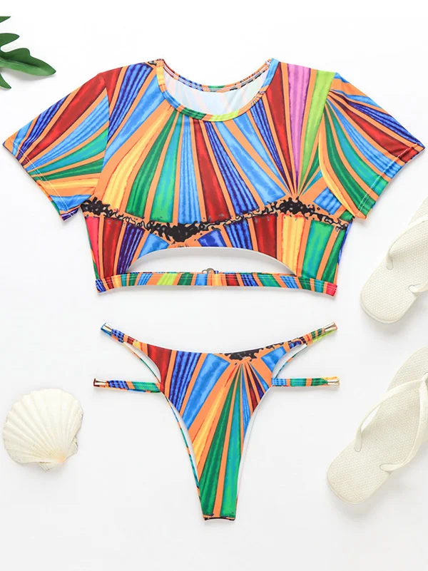 Short Sleeve Contrast Color Hollow Tankini Swimwear