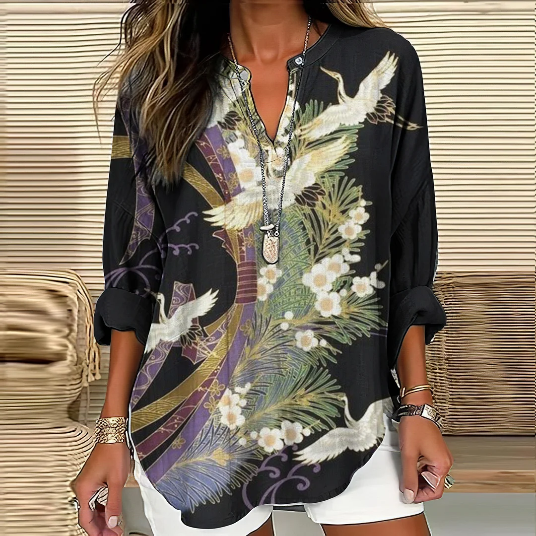 Vintage Japanese Art Crane And Floral Printed Casual Shirt