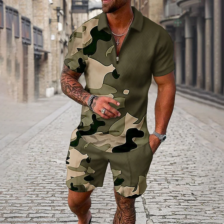 Broswear Men's Camouflage Irregular Pattern Short Sleeve Polo Shirt And Shorts Co-Ord