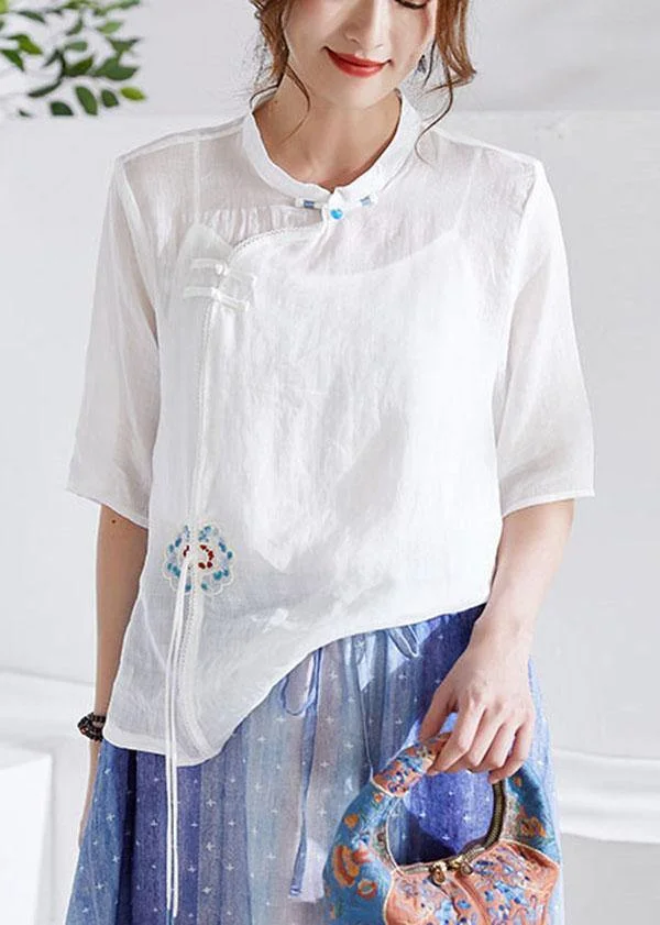 White Oriental Embroideried Summer Ramie Blouses Half Sleeve