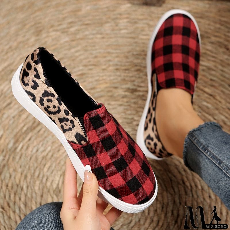 MidiSono - Female Stylish Contrast Color Plaid Print Canvas Shoes