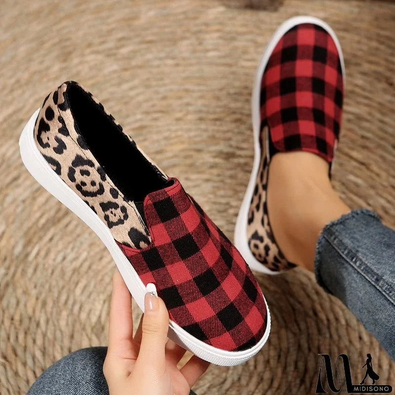 MidiSono - Female Stylish Contrast Color Plaid Print Canvas Shoes