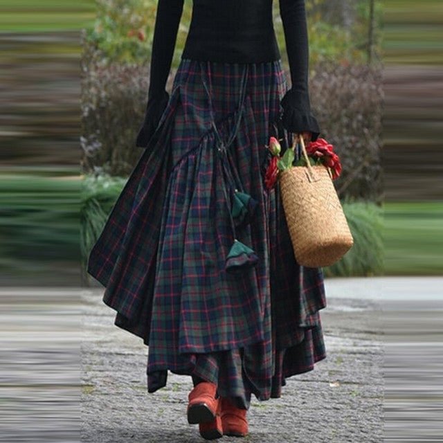 Plaid Print Fringe Waiste Skirt Skirts Asymmetrical Long Maxi
