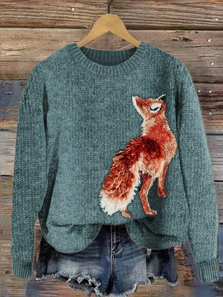 VChics Fuzzy Fox Embroidery Art Cozy Knit Sweater