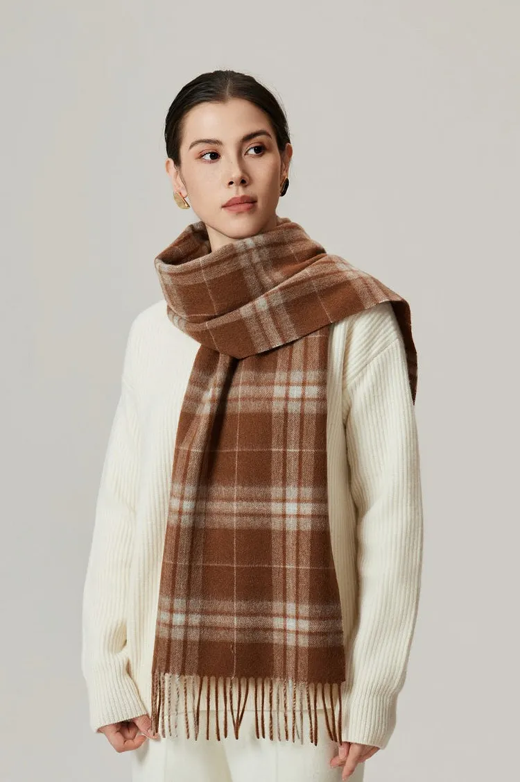 100% Wool Plaid Fringed Minimalist Scarf