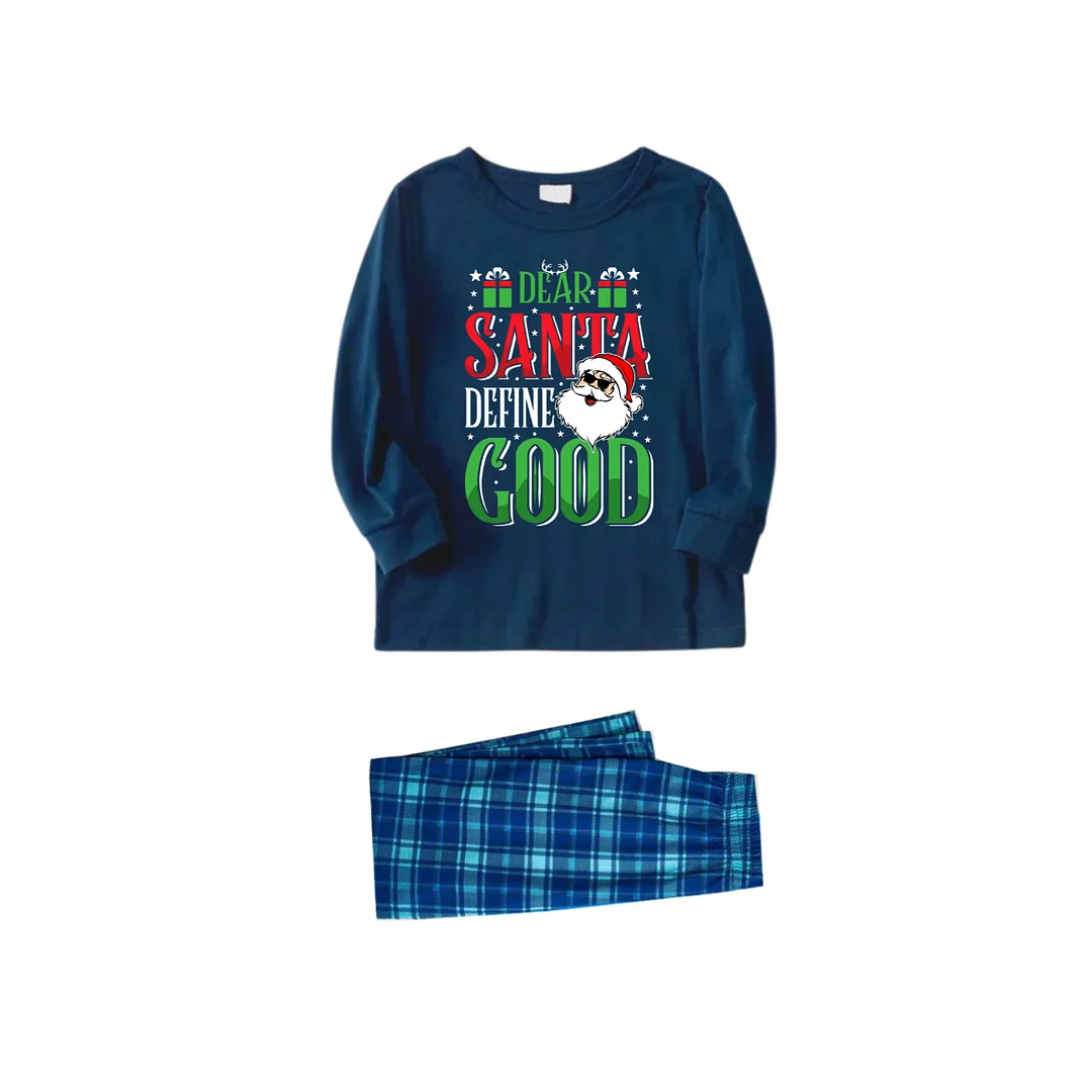 "Dear Santa Define Good" Slogan Printed Blue Plaid Family Matching Pajamas
