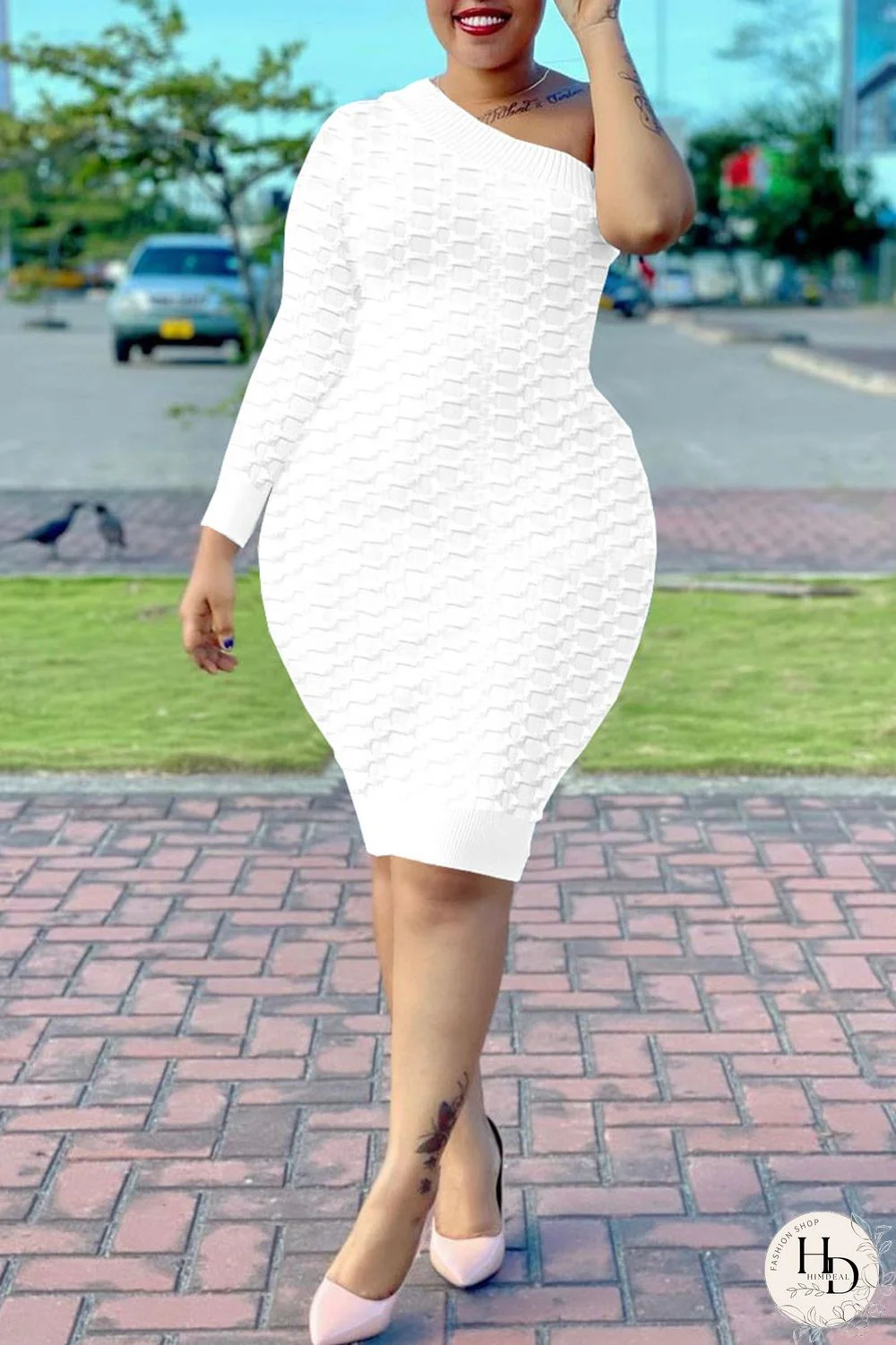 Sky Blue Fashion Sexy Solid Split Joint One Shoulder One Step Skirt Dresses