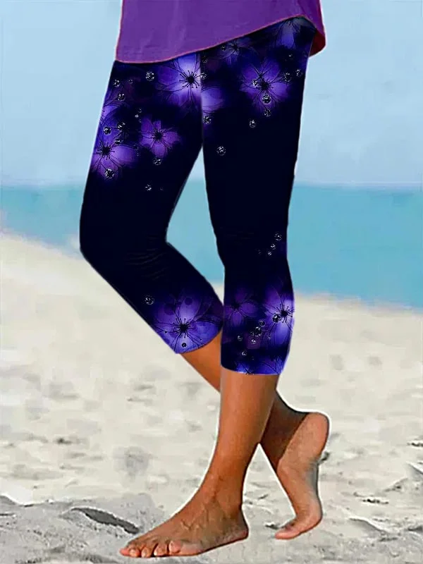 Women's Alzheimers Awareness  Purple Flower Printed Cropped Leggings