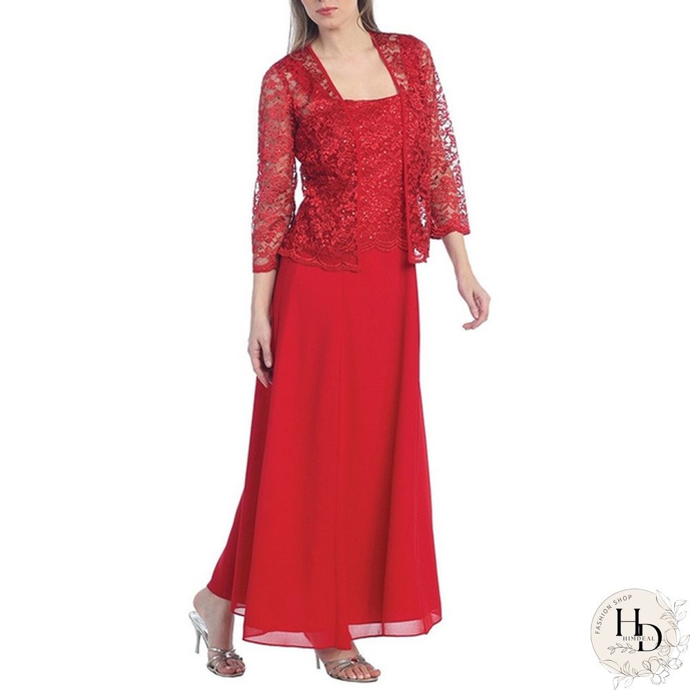 New Women Lace Cardigan And Chiffon Maxi Skirt Two-Piece Ladies Fashion Long Chiffon Dress Mother Of Groom Dress With Lace Long Sleeve