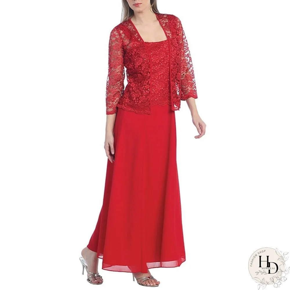 New Women Lace Cardigan And Chiffon Maxi Skirt Two-Piece Ladies Fashion Long Chiffon Dress Mother Of Groom Dress With Lace Long Sleeve