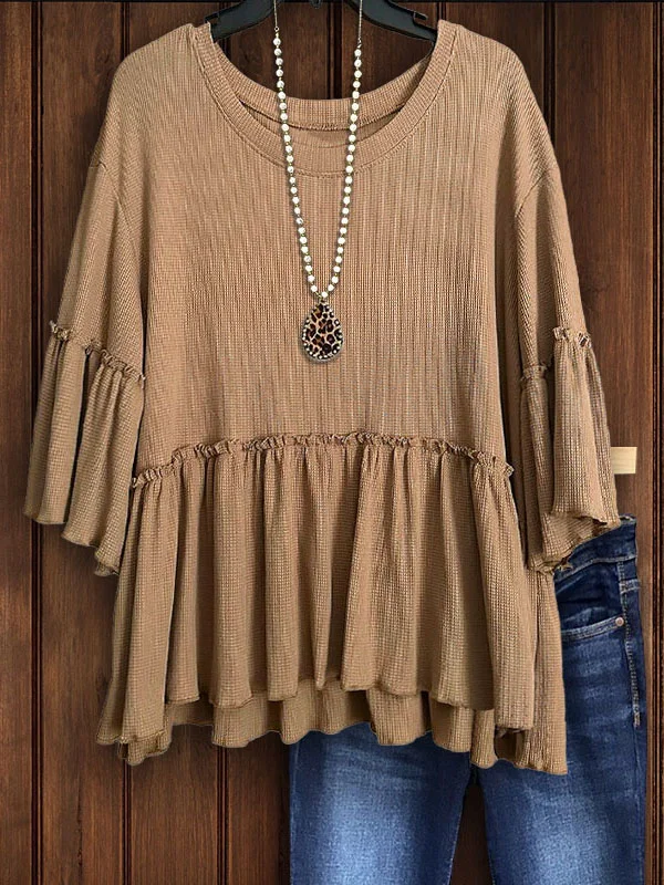 Waffle Ruffle Sleeve Babydoll Top