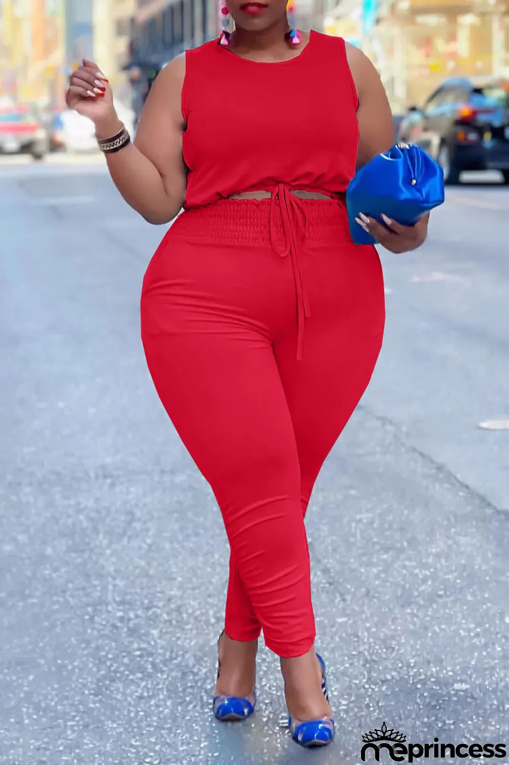 Sky Blue Casual Solid Split Joint O Neck Plus Size Two Pieces