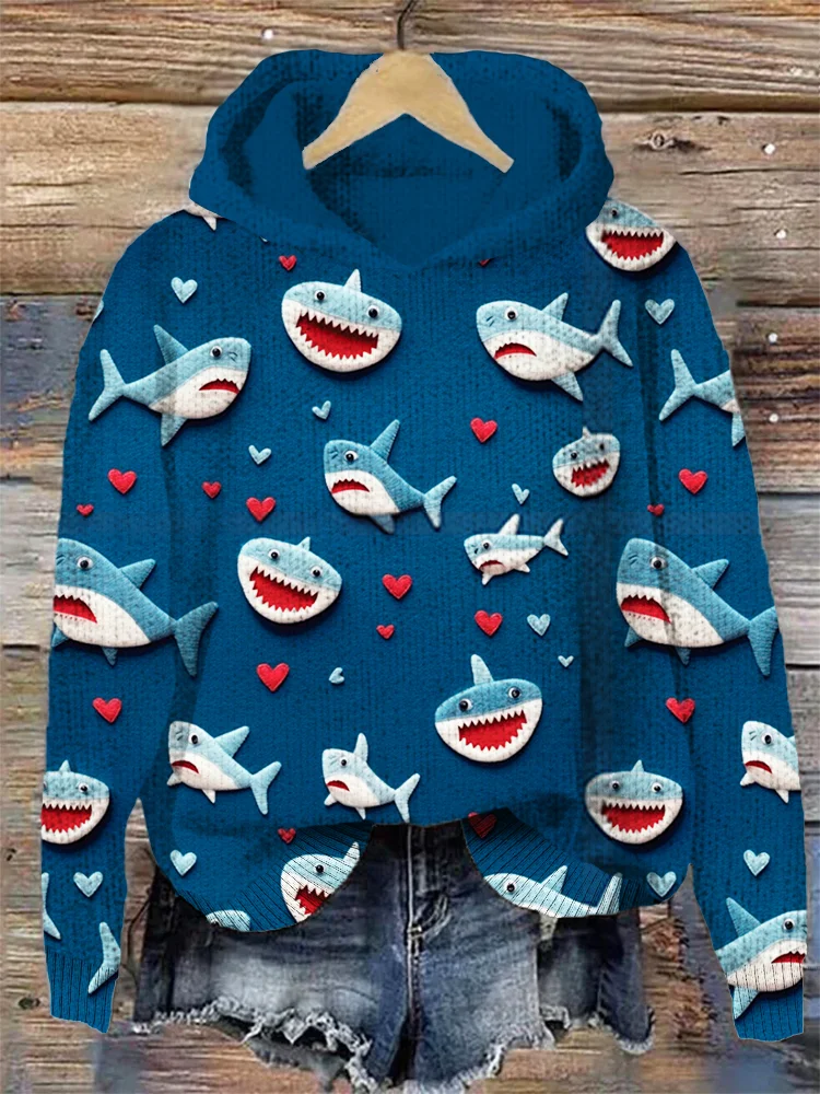 VChics Valentine Gift Love Heart Shark Art Print Hooded Sweater