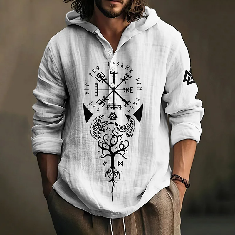 Vintage Viking Art Men's Linen Hooded Shirt