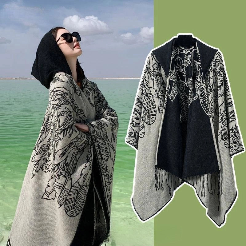 Ethnic Style Hooded Cape Women’s Yunnan Tibet Western Sichuan Grassland Bohemia Travel Wear Scarf Coat