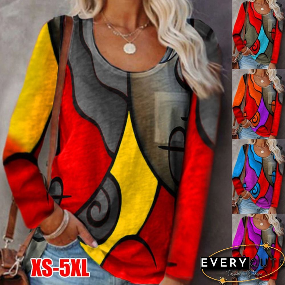 New Autumn and Winter Women's Casual Blouses Long-sleeved T-shirt Stitching Color Printed Tops Plus Size