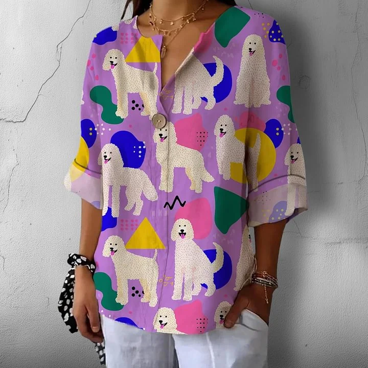 Women's cotton loose-fitting 3/4 sleeve button-down V-neck shirt